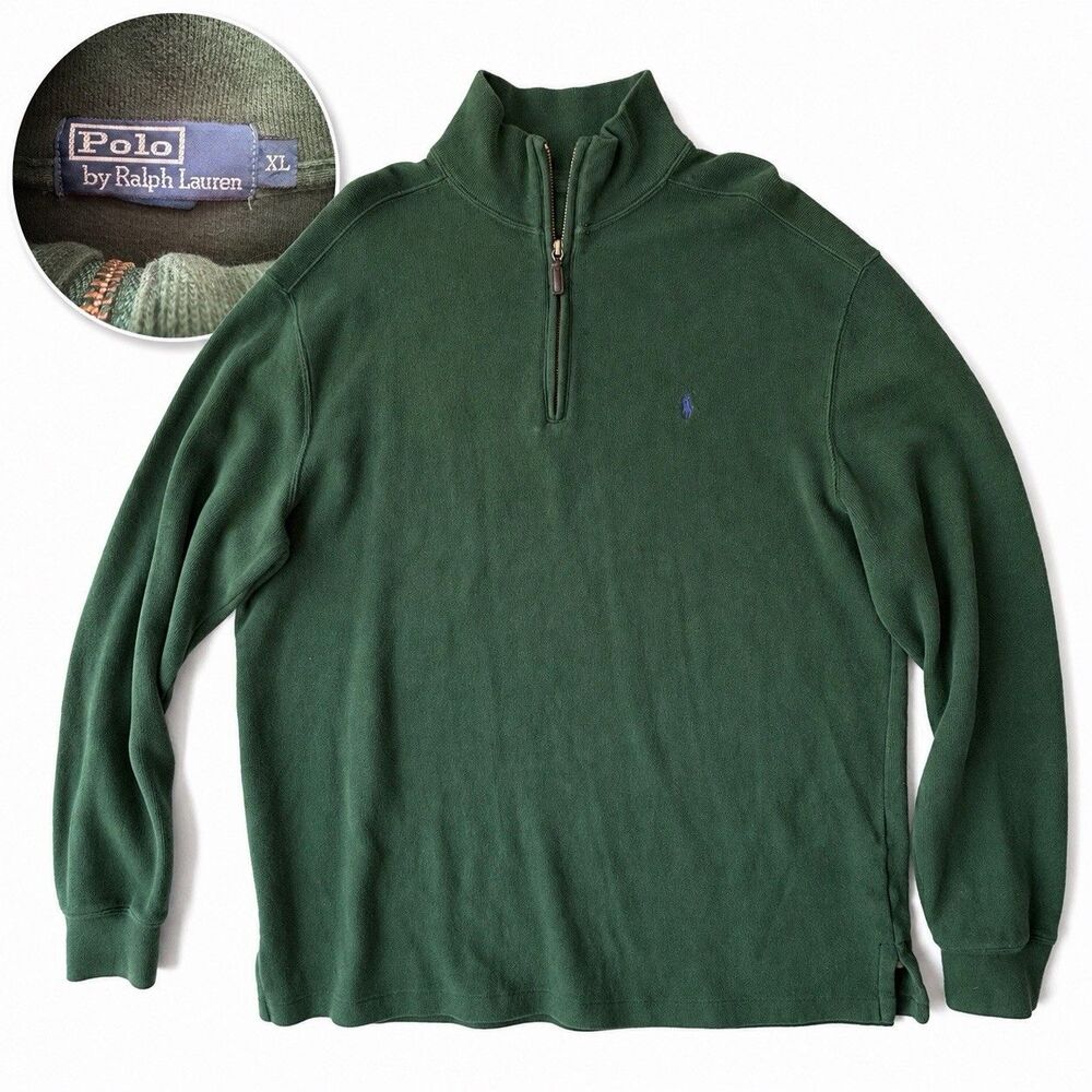 Vintage Polo Ralph Lauren Men XL Green 1/4 Zip Pullover Sweater Pony YKK